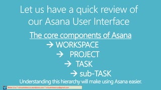 Relee Cruz * virtualreleecruz.wordpress.com * virtualreleecruz@gmail.com
Let us have a quick review of
our Asana User Interface
The core components of Asana
 WORKSPACE
 PROJECT
 TASK
 sub-TASK
Understanding this hierarchy will make using Asana easier.
 