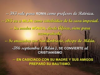 -- 383 sale para  ROMA  como profesor de Retórica. -- 385 va a  MILÁN  como catedrático de la casa imperial. -- Su madre  MÓNICA , desde África, viene para acompañarle. -- Se encuentra con San Ambrosio, obispo de Milán. -386 septiembre (Milán),  SE CONVIERTE  al  CRISTIANISMO .  --  EN CASICIACO CON SU MADRE Y SUS AMIGOS PREPARÓ SU BAUTISMO. 