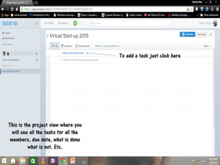 This is the project view where you
will see all the tasks for all the
members, due date, what is done
what is not. Etc.
To add a task just click here
 