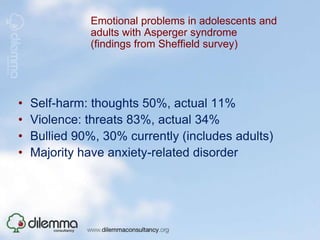 Themes in adulthood Ryan, S,Räisänen, U "It's like you are just a spectator in this thing": Experiencing social life the  [`]aspie' way. Emotion, Space and Society 2008;  1: 135-43.feeling differenttrying to fit insafe spaces  uncommon sense