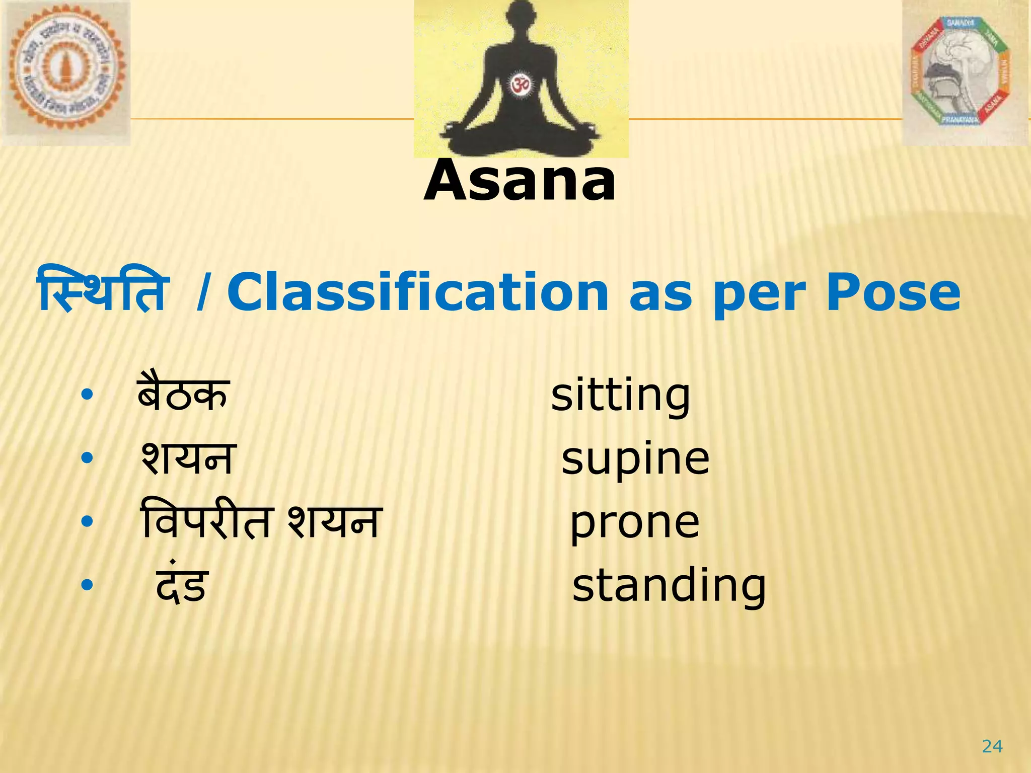 AsanaAsana
24
स्थितत / Classification as per Pose
• बैठक sitting
• शयन supine
• विपरीि शयन prone
• दांड standing
 
