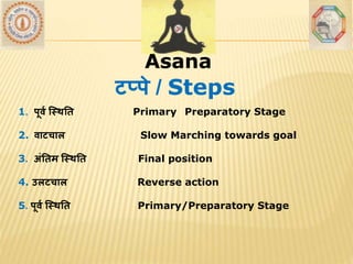 AsanaAsana
टप्पे / Steps
1. पूर्व स्थितत Primary Preparatory Stage
2. र्ाटचाल Slow Marching towards goal
3. अांततम स्थितत Final position
4. उलटचाल Reverse action
5. पूर्व स्थितत Primary/Preparatory Stage
 