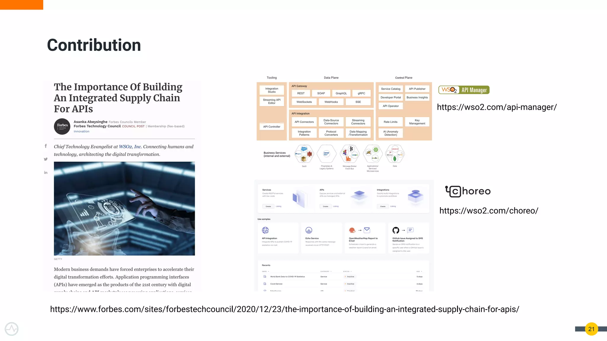 21
Contribution
https://www.forbes.com/sites/forbestechcouncil/2020/12/23/the-importance-of-building-an-integrated-supply-chain-for-apis/
https://wso2.com/api-manager/
https://wso2.com/choreo/
 