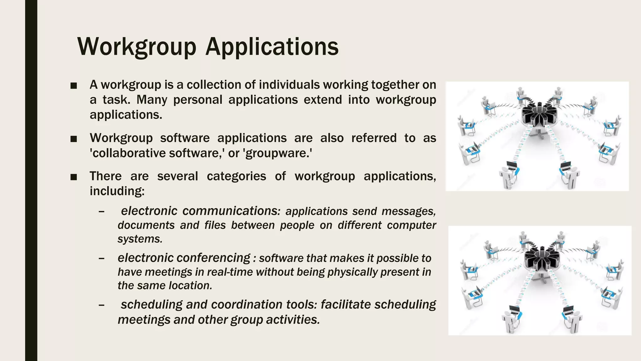 Workgroup Applications
■ A workgroup is a collection of individuals working together on
a task. Many personal applications extend into workgroup
applications.
■ Workgroup software applications are also referred to as
'collaborative software,' or 'groupware.'
■ There are several categories of workgroup applications,
including:
– electronic communications: applications send messages,
documents and files between people on different computer
systems.
– electronic conferencing : software that makes it possible to
have meetings in real-time without being physically present in
the same location.
– scheduling and coordination tools: facilitate scheduling
meetings and other group activities.
 