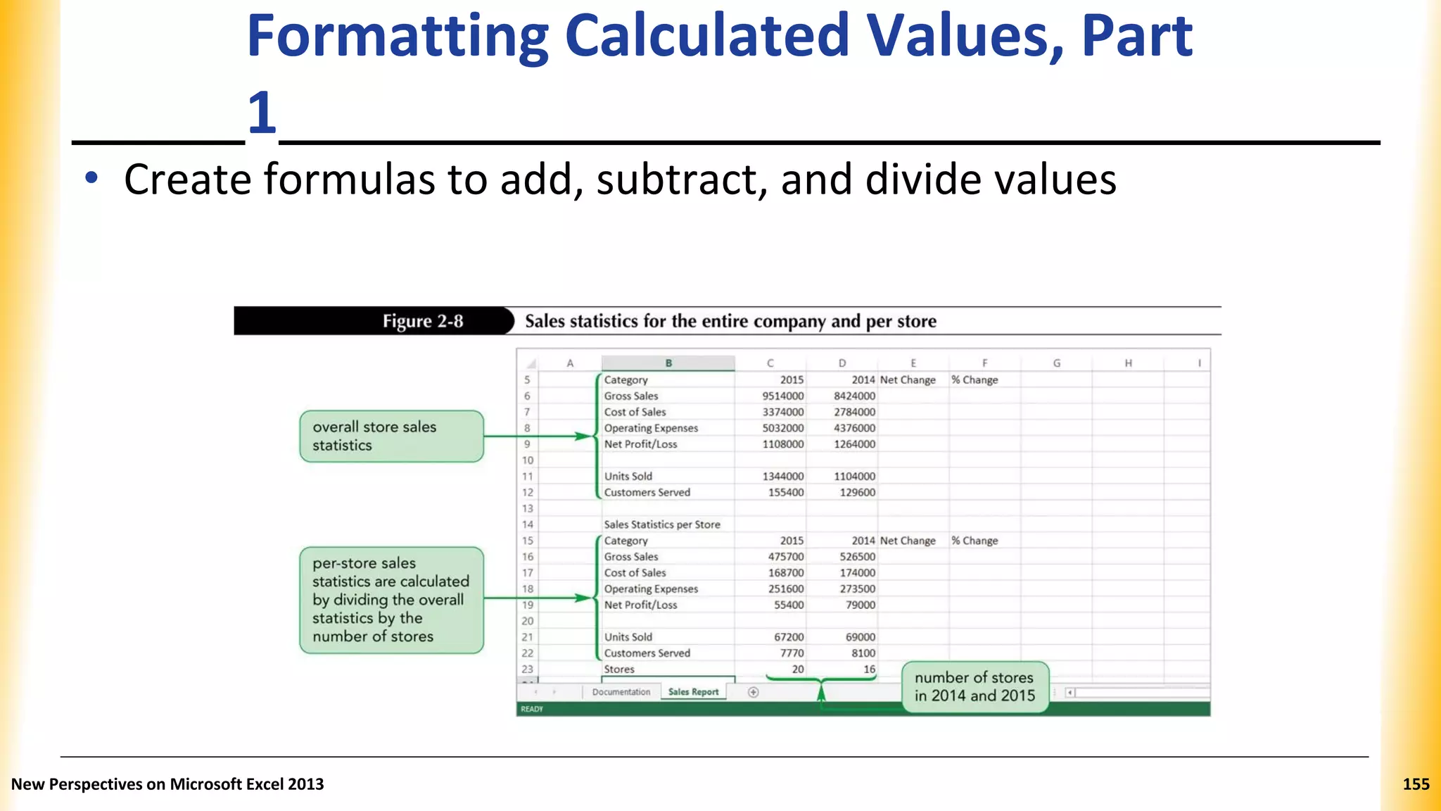 Formatting Calculated Values, Part
1
• Create formulas to add, subtract, and divide values
New Perspectives on Microsoft Excel 2013 155
 