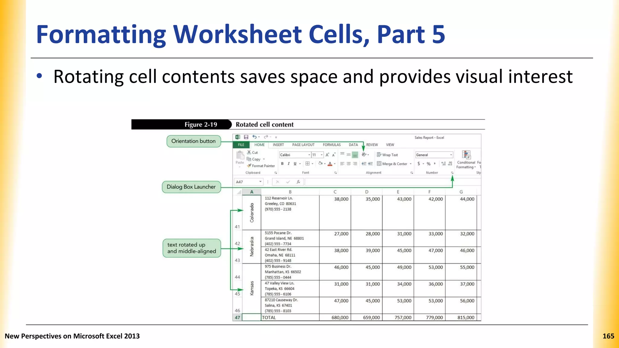Formatting Worksheet Cells, Part 5
• Rotating cell contents saves space and provides visual interest
New Perspectives on Microsoft Excel 2013 165
 
