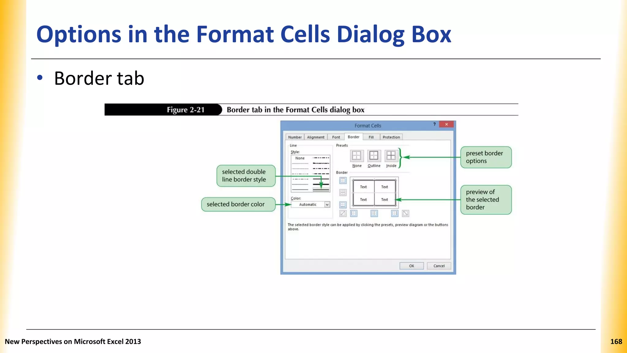 Options in the Format Cells Dialog Box
• Border tab
New Perspectives on Microsoft Excel 2013 168
 