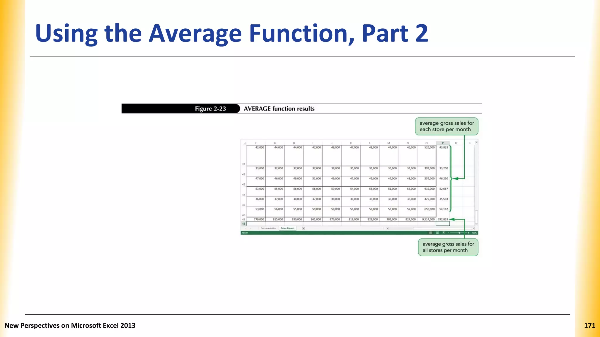 Using the Average Function, Part 2
New Perspectives on Microsoft Excel 2013 171
 