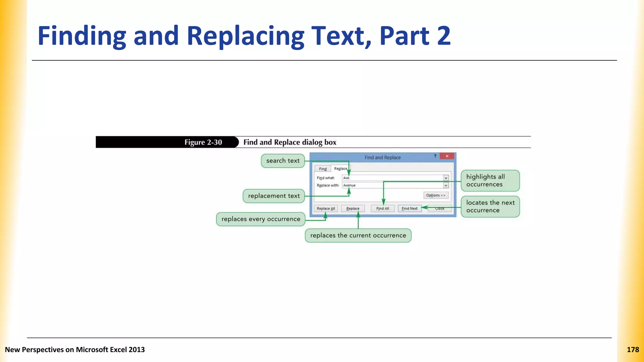 Finding and Replacing Text, Part 2
New Perspectives on Microsoft Excel 2013 178
 