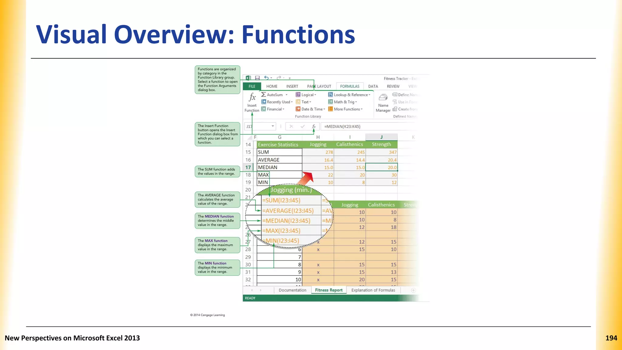 Visual Overview: Functions
New Perspectives on Microsoft Excel 2013 194
 