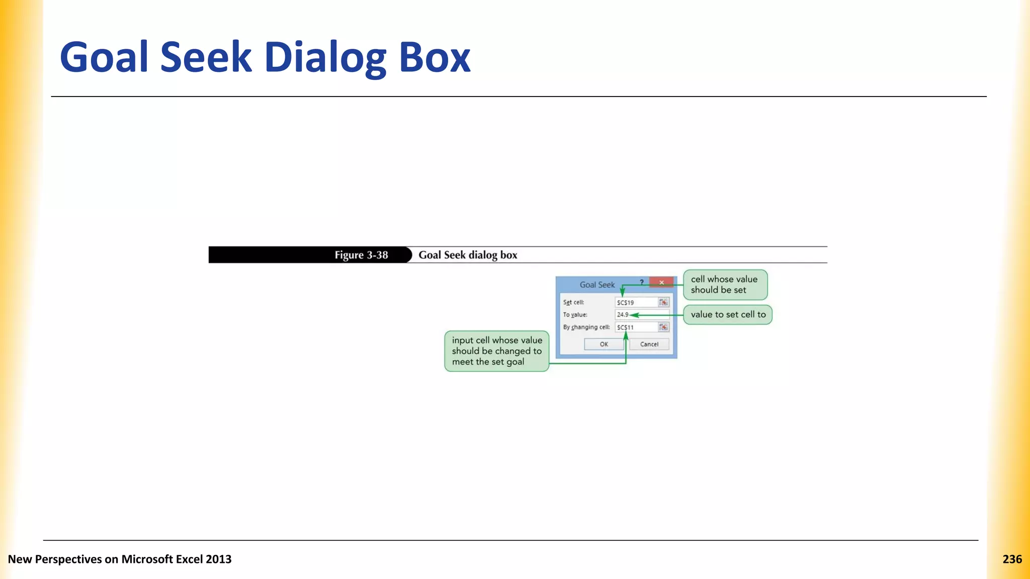 Goal Seek Dialog Box
New Perspectives on Microsoft Excel 2013 236
 
