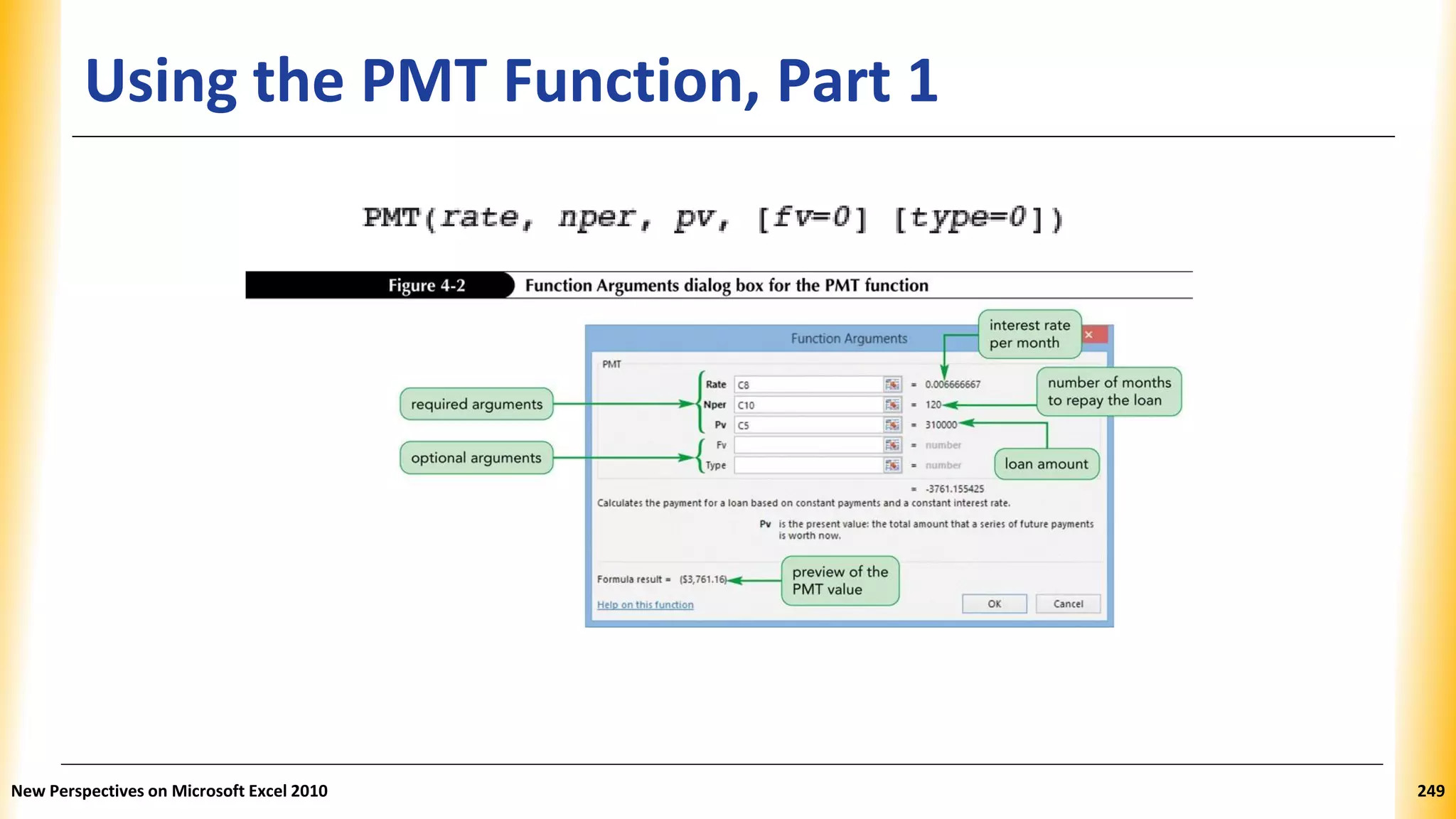 Using the PMT Function, Part 1
New Perspectives on Microsoft Excel 2010 249
 