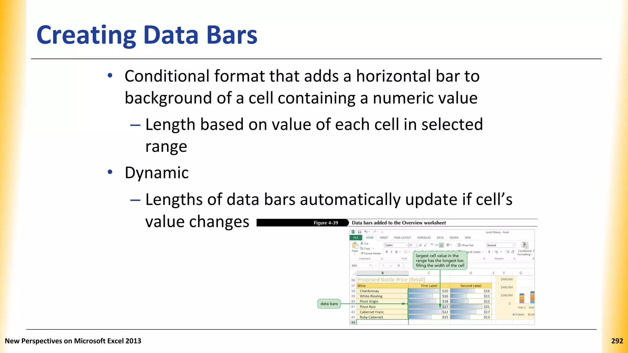 Creating Data Bars
• Conditional format that adds a horizontal bar to
background of a cell containing a numeric value
– Length based on value of each cell in selected
range
• Dynamic
– Lengths of data bars automatically update if cell’s
value changes
New Perspectives on Microsoft Excel 2013 292
 