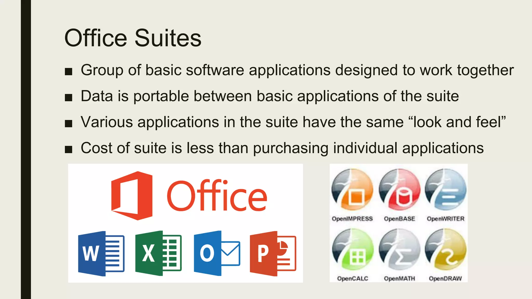 Office Suites
■ Group of basic software applications designed to work together
■ Data is portable between basic applications of the suite
■ Various applications in the suite have the same “look and feel”
■ Cost of suite is less than purchasing individual applications
 