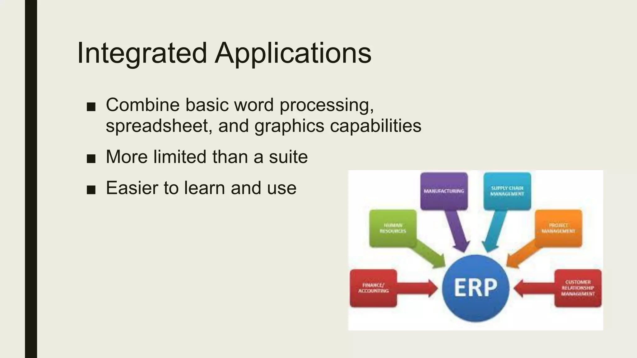 Integrated Applications
■ Combine basic word processing,
spreadsheet, and graphics capabilities
■ More limited than a suite
■ Easier to learn and use
 