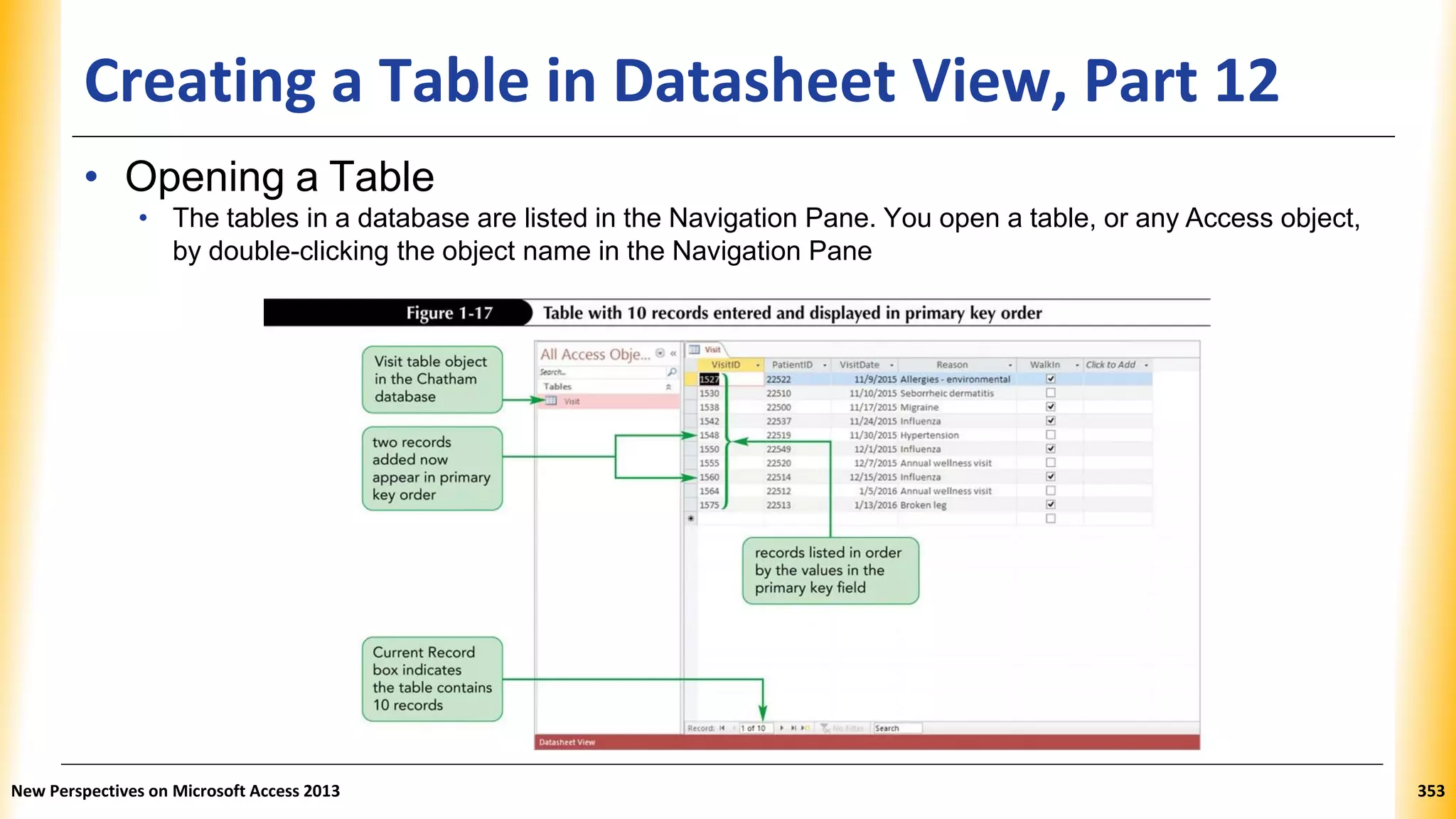 Creating a Table in Datasheet View, Part 12
• Opening a Table
• The tables in a database are listed in the Navigation Pane. You open a table, or any Access object,
by double-clicking the object name in the Navigation Pane
New Perspectives on Microsoft Access 2013 353
 