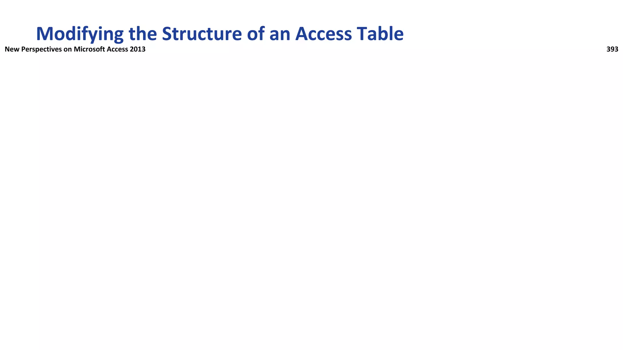Modifying the Structure of an Access Table
New Perspectives on Microsoft Access 2013 393
 