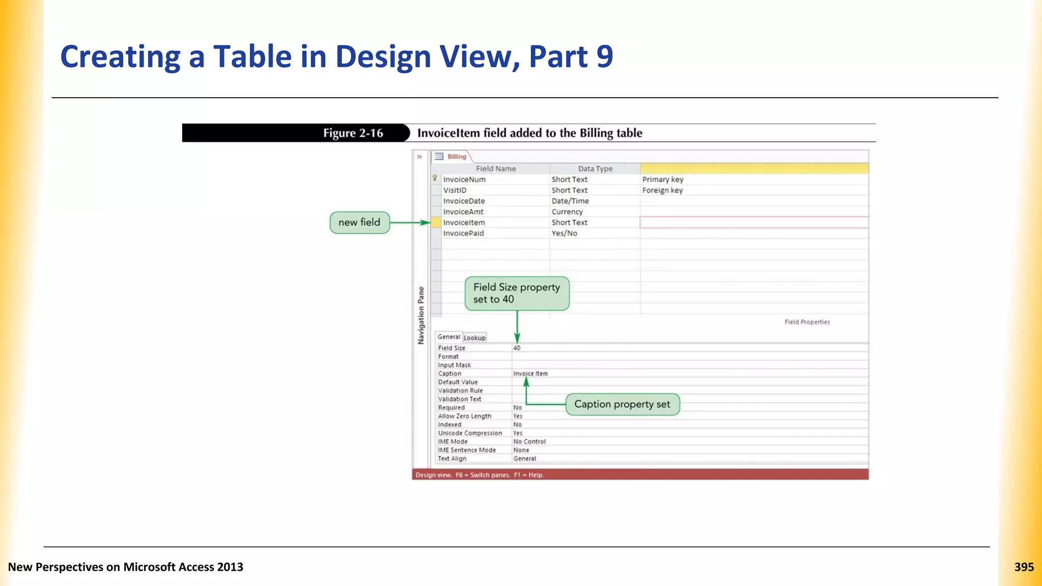 Creating a Table in Design View, Part 9
New Perspectives on Microsoft Access 2013 395
 
