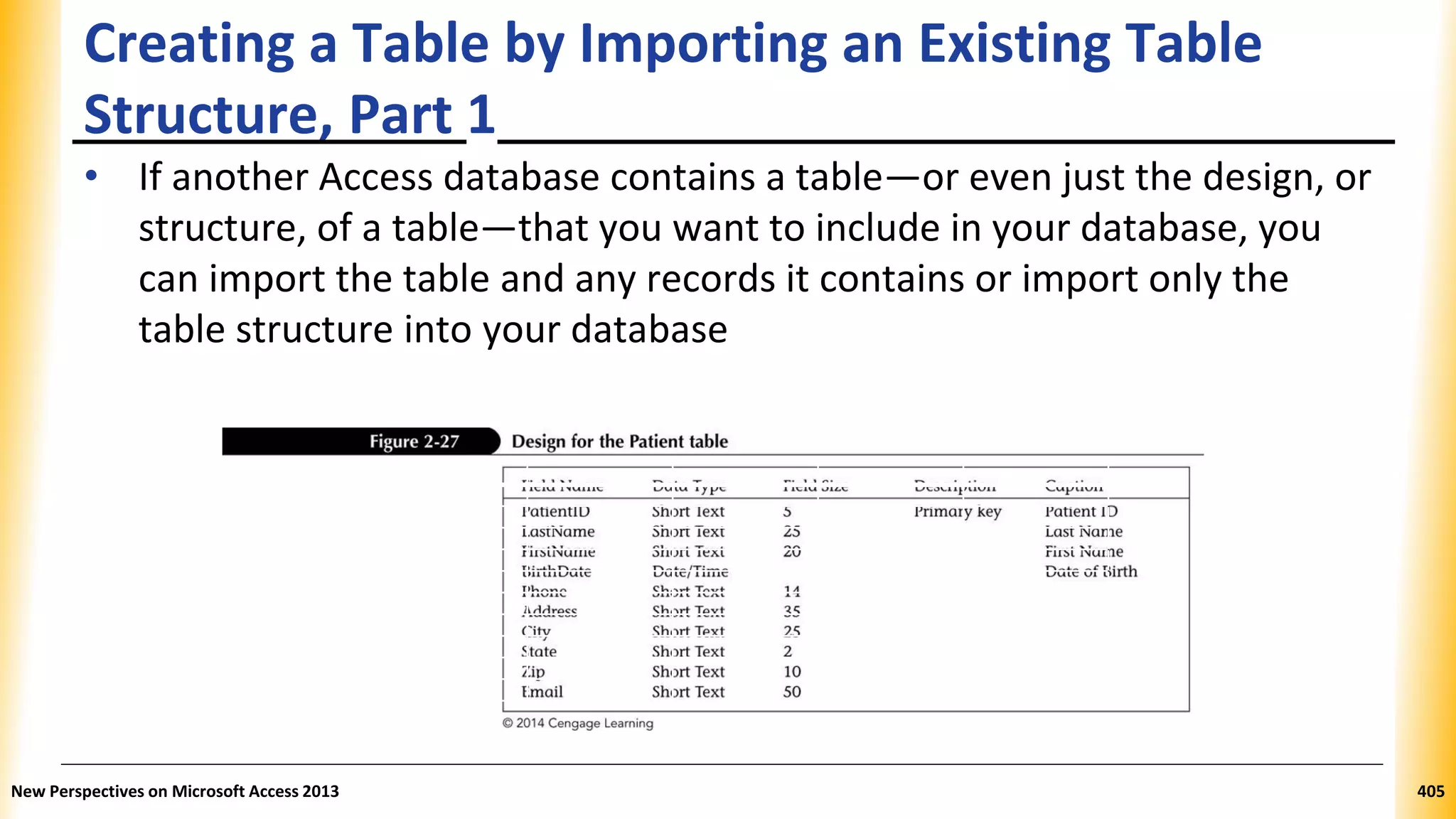 Creating a Table by Importing an Existing Table
Structure, Part 1
Field Name Data Type Field Size Description Caption
PatientID Short Text 5 Primary Key Patient ID
LastName Short Text 25 Last Name
FirstName Short Text 20 First Name
BirthDate Date/Time Date of Birth
Phone Short Text 14
Address Short Text 35
City Short Text 25
State Short Text 2
Zip Short Text 10
Email Short Text 50
• If another Access database contains a table—or even just the design, or
structure, of a table—that you want to include in your database, you
can import the table and any records it contains or import only the
table structure into your database
New Perspectives on Microsoft Access 2013 405
 