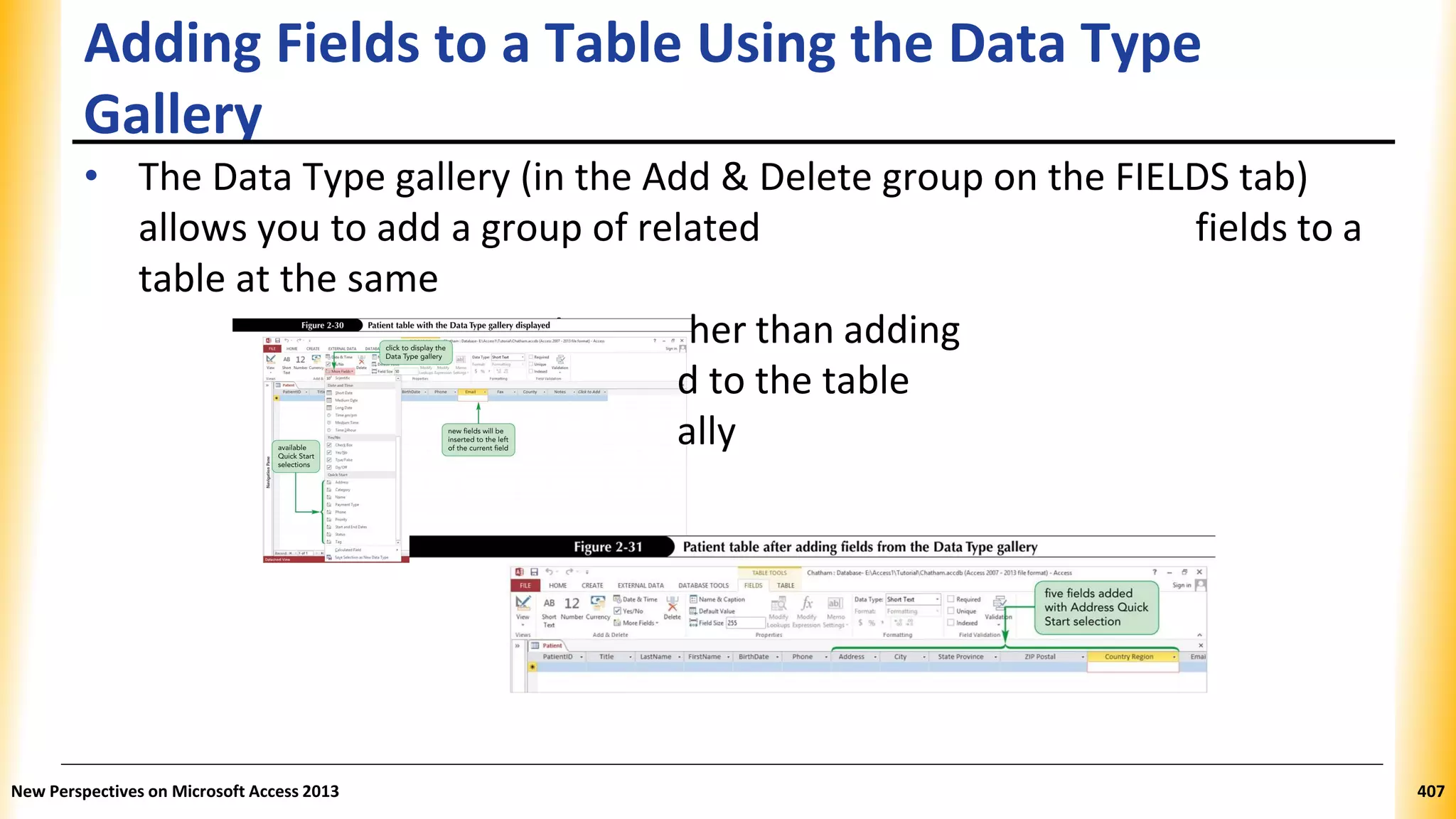 Adding Fields to a Table Using the Data Type
Gallery
time, rat
each fiel
individu
• The Data Type gallery (in the Add & Delete group on the FIELDS tab)
allows you to add a group of related fields to a
table at the same
her than adding
d to the table
ally
New Perspectives on Microsoft Access 2013 407
 
