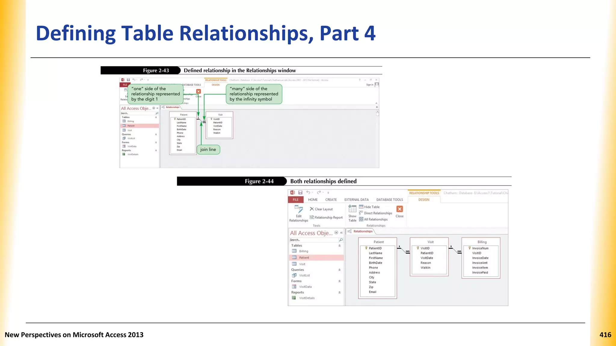 Defining Table Relationships, Part 4
New Perspectives on Microsoft Access 2013 416
 