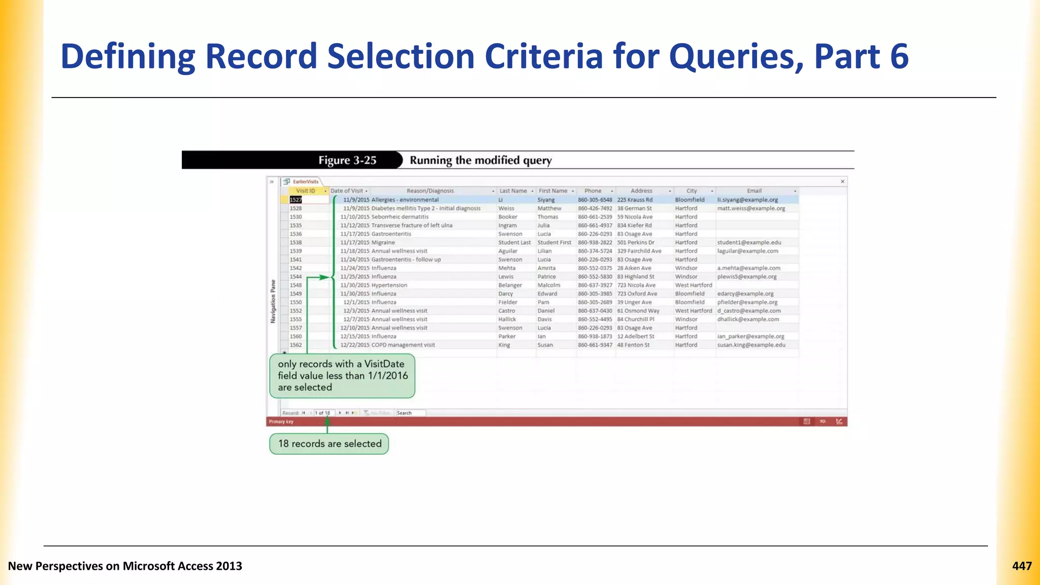 Defining Record Selection Criteria for Queries, Part 6
New Perspectives on Microsoft Access 2013 447
 