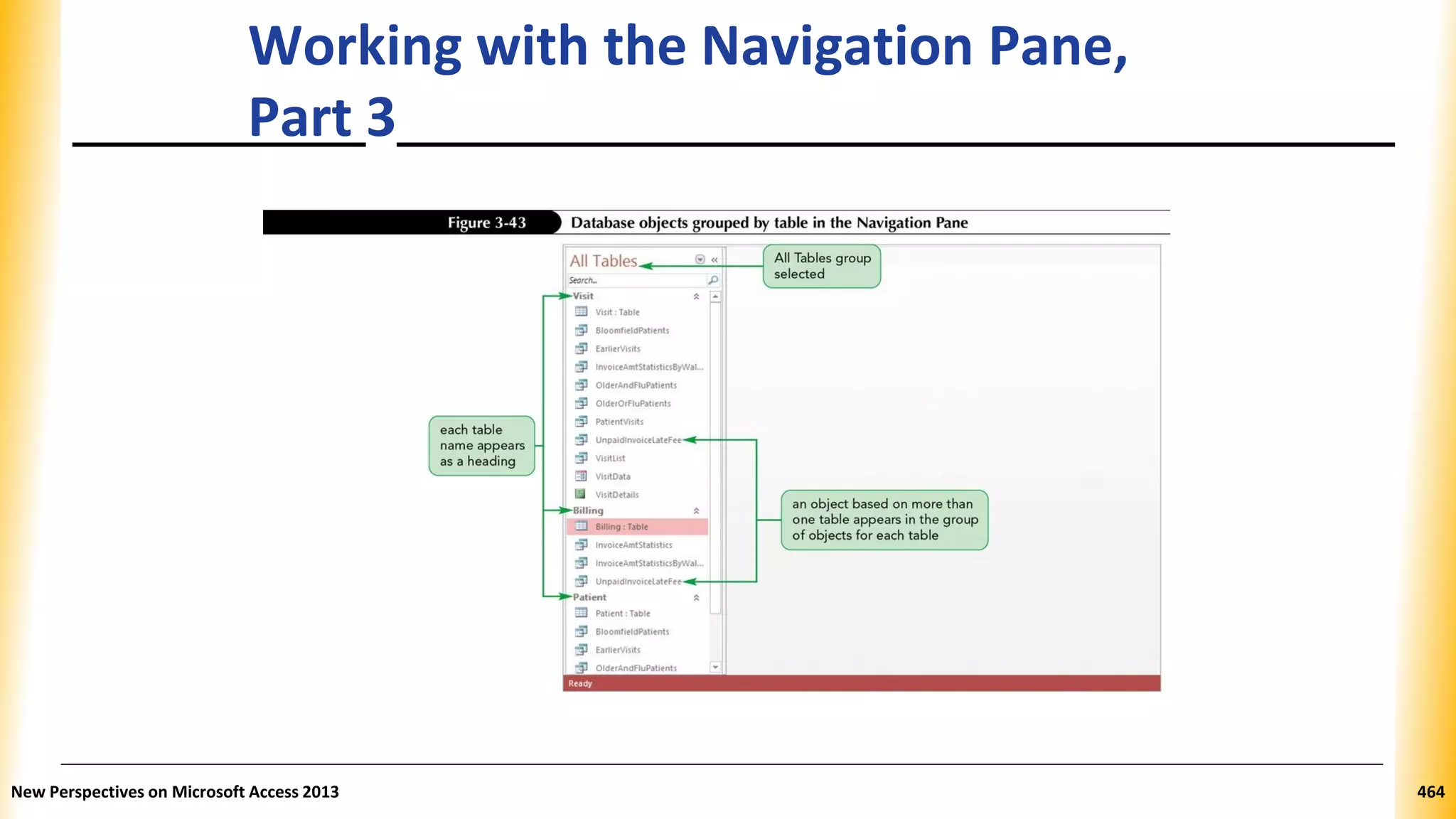 Working with the Navigation Pane,
Part 3
New Perspectives on Microsoft Access 2013 464
 