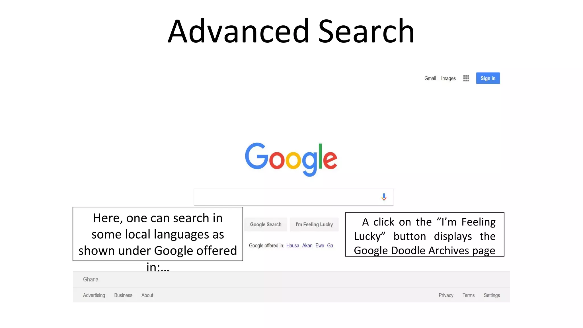 Advanced Search
Here, one can search in
some local languages as
shown under Google offered
in:…
A click on the “I’m Feeling
Lucky” button displays the
Google Doodle Archives page
 