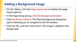 Adding a Background Image
• On the ribbon, click the Page Layout tab to display the page
layout options.
• In the Page Setup group, click the Background button.
• Click the Browse button. The Sheet Background dialog box
opens allowing you to navigate to the file location
• Click the file, and then click Insert. The image is added to the
background
New Perspectives on Microsoft Excel 2013 150
 
