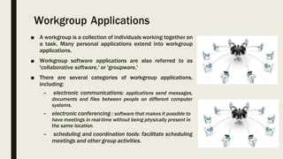 Workgroup Applications
■ A workgroup is a collection of individuals working together on
a task. Many personal applications extend into workgroup
applications.
■ Workgroup software applications are also referred to as
'collaborative software,' or 'groupware.'
■ There are several categories of workgroup applications,
including:
– electronic communications: applications send messages,
documents and files between people on different computer
systems.
– electronic conferencing : software that makes it possible to
have meetings in real-time without being physically present in
the same location.
– scheduling and coordination tools: facilitate scheduling
meetings and other group activities.
 