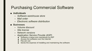 Purchasing Commercial Software
■ Individuals
– Software warehouse store
– Mail order
– Electronic software distribution
■ Businesses
– Volume discount
– Site license
– Network versions
– Application Service Provide (ASP)
■ Software is setup and maintained by ASP
■ Access the software over the Internet
■ Pay per use
■ Saves the expense of installing and maintaining the software
 