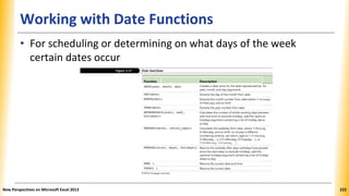 Function Description
DATE (year, month, day) Creates a date value for the date represented by the year, month, and
day arguments.
DAY (date) Extracts the day of the month from date.
MONTH (date) Extracts the month number from date where 1=January, 2=February, and
so forth.
YEAR (date) Extracts the year number from date.
NETWORKDAYS (start, end[, holidays]) Calculates the number of whole working days between start and end; to
exclude holidays, add the optional holidays argument containing a list of
holiday dates to skip.
WEEKDAY (date[, return_type]) Calculates the weekday from date, where 1=Sunday, 2=Monday, and so
forth; to choose a different numbering scheme, set return_type to 1
(1=Sunday, 2=Monday, ...), 2 (1=Monday, 2=Tuesday, ...), or 3
(0=Monday, 1=Tuesday, ...).
WORKDAY (start, days[, holidays]) Returns the workday after days workdays have passed since the start
date; to exclude holidays, add the optional holidays argument containing
a list of holiday dates to skip.
NOW ( ) Returns the current date and time.
TODAY ( ) Returns the current date.
Working with Date Functions
• For scheduling or determining on what days of the week
certain dates occur
New Perspectives on Microsoft Excel 2013 222
 