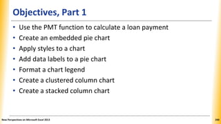 Objectives, Part 1
• Use the PMT function to calculate a loan payment
• Create an embedded pie chart
• Apply styles to a chart
• Add data labels to a pie chart
• Format a chart legend
• Create a clustered column chart
• Create a stacked column chart
New Perspectives on Microsoft Excel 2013 240
 