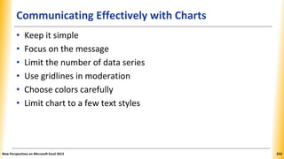 Communicating Effectively with Charts
• Keep it simple
• Focus on the message
• Limit the number of data series
• Use gridlines in moderation
• Choose colors carefully
• Limit chart to a few text styles
New Perspectives on Microsoft Excel 2013 253
 