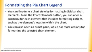 Formatting the Pie Chart Legend
• You can fine-tune a chart style by formatting individual chart
elements. From the Chart Elements button, you can open a
submenu for each element that includes formatting options,
such as the element’s location within the chart.
• You can also open a Format pane, which has more options for
formatting the selected chart element.
New Perspectives on Microsoft Excel 2013 263
 