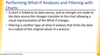 Performing What-If Analyses and Filtering with
Charts
• A chart is linked to its data source, and as changes are made to
the data source the changes translate to the chart allowing a
visual representation of the What-if changes.
• Filtering is another type of what-if analysis that limits the data
to a subset of the original values in a process.
New Perspectives on Microsoft Excel 2013 268
 