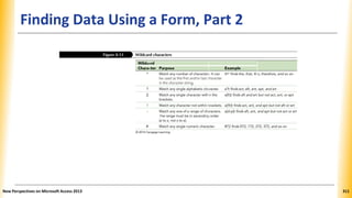 Finding Data Using a Form, Part 2
Wildcard Character Purpose Example
* Match any number of characters. It can th* finds the, that, this, therefore,
be used as the first and/or last character and so on
in the character string.
? Match any single alphabetic character. a?t finds act, aft, ant, apt, and art
[] Match any single character within the a[fr]t finds aft and art but not act,
brackets. ant, or apt
! Match any character not within brackets. a[!fr]t finds act, ant, and apt but
not aft or art
- Match any one of a range of characters. a[d-p]t finds aft, ant, and apt but
The range must be in ascending order (a not act or art
to z, not z to a).
# Match any single numeric character. #72 finds 072, 172, 272, 372, and
so on
New Perspectives on Microsoft Access 2013 311
 