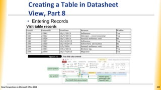 Creating a Table in Datasheet
View, Part 8
• Entering Records
Visit table records
VisitID PatientID VisitDate Reason Walkln
1550 22549 12/1/2015 Influenza Yes
1527 22522 11/9/2015 Allergies - environmental Yes
1555 22520 12/7/2015 Annual wellness visit No
1542 22537 11/24/2015 Influenza Yes
1530 22510 11/10/2015 Seborrheic dermatitis No
1564 22512 1/5/2016 Annual wellness visit No
1575 22513 1/13/2016 Broken leg Yes
1538 22500 11/17/2015 Migraine Yes
New Perspectives on Microsoft Office 2013 349
 