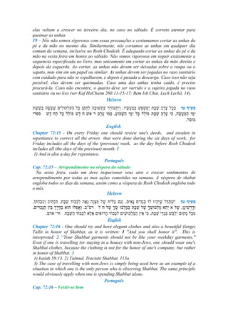 elas voltam a crescer no terceiro dia, no caso no sábado. É correto atentar para
queimar as unhas.
19 – Nós não somos rigorosos com essas precauções e costumamos cortar as unhas do
pé e da mão no mesmo dia. Similarmente, nós cortamos as unhas em qualquer dia
comum da semana, inclusive no Rosh Chodesh. É adequado cortar as unhas do pé e da
mão na sexta feira em honra ao sábado. Não somos rigorosos em seguir exatamente a
sequencia especificada no livro, mas unicamente em cortar as unhas da mão direita e
depois da esquerda. Ao cortar, as unhas não devem ser deixadas sobre a roupa ou o
sapato, mas sim em um papel ou similar. As unhas devem ser jogadas no vaso sanitário
com cuidado para não se espalharem, e depois é puxada a descarga. Caso isso não seja
possível, elas devem ser queimadas. Caso uma das unhas tenha caído, é preciso
procurá-la. Caso não encontre, o quarto deve ser varrido e a sujeira jogada no vaso
sanitário ou no lixo (ver Kaf HaChaim 260:11-15-17; Bem Ish Chai, Lech Lechá, 14).
Hebrew
---
.
English
Chapter 72:15 - On every Friday one should review one's deeds, and awaken in
repentance to correct all the errors that were done during the six days of work, for
Friday includes all the days of the (previous) week, as the day before Rosh Chodesh
includes all (the days of the previous) month. 1
1) And is also a day for repentance.
Português
Cap. 72:15 – Arrependimento na véspera do sábado
Na sexta feira, cada um deve inspecionar seus atos e evocar sentimentos de
arrependimento por todas as mas ações cometidas na semana. A véspera de shabat
engloba todos os dias da semana, assim como a véspera de Rosh Chodesh engloba todo
o mês.
Hebrew
---
.
English
Chapter 72:16 - One should try and have elegant clothes and also a beautiful (large)
Tallit in honor of Shabbat, as it is written: 1 ''And you shall honor it''. This is
interpreted: 2 „„Your Shabbat garments should not be like your weekday garments.''
Even if one is travelling (or staying in a house) with non-Jews, one should wear one's
Shabbat clothes, because the clothing is not for the honor of one's company, but rather
in honor of Shabbat. 3
1) Isaiah 58:13. 2) Talmud, Tractate Shabbat, 113a.
3) The case of travelling with non-Jews is simply being used here as an example of a
situation in which one is the only person who is observing Shabbat. The same principle
would obviously apply when one is spending Shabbat alone.
Português
Cap. 72:16 – Vestir-se bem
 