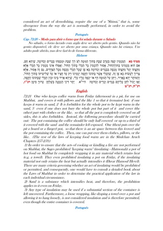 considered an act of demolishing, require the use of a ''Shinui,'' that is, some
divergence from the way the act is normally performed, in order to avoid the
problem.
Português
Cap. 72:20 – Modo para abrir o forno que foi selada durante o Sabado
No sábado, o forno lacrado com argila deve ser aberto pelo gentio. Quando não há
gentio disponível, ele deve ser aberto por uma criança. Quando não há criança. Um
adulto pode abri-lo, mas deve fazê-lo de forma diferente.
Hebrew
----
English
72:21 One who keeps coffee warm from Friday (afternoon) in a pit, for use on
Shabbat, and covers it with pillows and the like 1 so that it (remains) hot; if one
keeps it warm in sand, 2 It is forbidden for the whole pot to be kept warm in the
sand, 3 even if one does not bury the whole pot but part of it and cover (the
other) part with clothes or the like. so that all the pot is completely covered on all
sides, this is also forbidden. Instead, the following procedure should be carried
out: The pot containing the coffee should be only half covered or up to a third of
it covered with the sand and the remainder left exposed. One (then) puts over the
pit a board or a (larger) pot, so that there is an air space between this (cover) and
the pot containing the coffee. Then, one can put over them clothes, pillows, or the
like. (The rest of the laws of keeping food warm are in the Shulchan Aruch
Chapters 257-259.)
1) In order to ensure that the acts of cooking or kindling a fire are not performed
on Shabbat, the Sages prohibited ''keeping warm'' (insulating - Hatmonah) a pot of
hot food on Shabbat by completely wrapping it in any material which retains heat
(e.g. a towel). They even prohibited insulating a pot on Friday, if the insulating
material not only retains the heat but actually intensifies it (Davar Hamosif Hevel).
There are many criteria governing whether an act of insulating would be prohibited
or permitted, and consequently, one would have to consult a detailed book about
the Laws of Shabbat in order to determine the practical application of the law in
each individual circumstance.
2) Sand is a substance which intensifies heat, and therefore, the prohibition
applies to it even on Friday.
3) Any type of insulation may be used if a substantial section of the container is
left uncovered. Furthermore, a loose wrapping, like draping a towel over a pot and
allowing it to hang loosely, is not considered insulation and is therefore permitted,
even though the entire container is covered.
Português
 