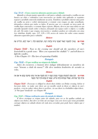 Cap. 72: 21 – Como conservar alimentos quentes para o Sabado
Quando se deseja manter aquecido o café para o sábado, enterrando a vasilha em um
buraco no chão e cobrindo-a com travesseiros ou similar (são aplicadas as seguintes
regras): é proibido enterrá-la totalmente na areia. Também é proibido enterrar uma parte
da vasilha na areia e cobrir inteiramente o restante com roupas ou algo semelhante,
deixando-a coberta por todos os lados. É preciso que só a metade ou terça parte da
vasilha fique enterrada e o restante fique exposto. Depois, deve-se por uma tabua ou um
utensílio (grande) virado sobre o buraco, deixando um espaço entre o objeto e a vasilha
do café. Só então é que roupas, travesseiros e similares podem ser colocados em cima
(ver shulchan Arukh, caps. 157, 158 e 159, acerca de outras leis sobre como manter
alimentos aquecidos para o sábado).
Hebrew ----
English
Chapter 72:22 - Near to the evening one should ask the members of one's
household in a gentle tone: ''Have you separated the challah?'' 1 and tell them to
light the candles.
1) See Chapter 35 - The laws of separating Challah.
Português
Cap. 72:22 – O que verificar na véspera do Sabado
Antes do escurecer, o homem deve indagar delicadamente os membros da
casa: “tiraram a chalá da massa?”. Ele deve também lembrá-los de acender as
velas.
Hebrew
-
English
Chapter 72:23 - Everyone is obliged to check their clothes on Friday evening, before it
becomes dark, to make sure there are no needles stuck in them or objects in one's
pockets, even in a place where there is an Eruv, in case there is a forbidden object there.
1) ''Set apart'' (mukseh) - see Chapter 88.
Português
Cap. 72:23 – Ultimas verificações antes da entrada do Sabado
É dever averiguar as roupas antes do sábado, para ver se há agulhas enfiada ou
objetos nos bolsos. Isto deve ser feito até em lugar com eruv (cerca que torna permitido
carregar objetos no sábado dentro de toda área cercada), pois pode haver objeto que é
muktsê.
 