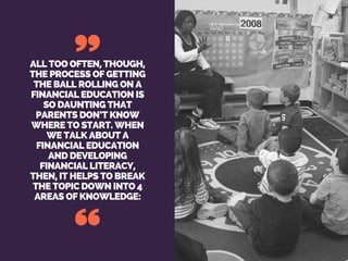 ALL TOO OFTEN, THOUGH,
THE PROCESS OF GETTING
THE BALL ROLLING ON A
FINANCIAL EDUCATION IS
SO DAUNTING THAT
PARENTS DON’T KNOW
WHERE TO START. WHEN
WE TALK ABOUT A
FINANCIAL EDUCATION
AND DEVELOPING
FINANCIAL LITERACY,
THEN, IT HELPS TO BREAK
THE TOPIC DOWN INTO 4
AREAS OF KNOWLEDGE:
 