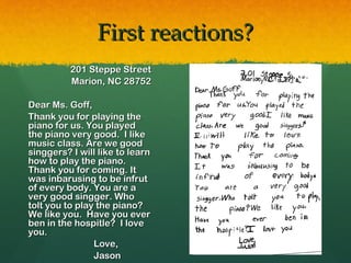 First reactions?
          201 Steppe Street
          Marion, NC 28752

Dear Ms. Goff,
Thank you for playing the
piano for us. You played
the piano very good. I like
music class. Are we good
singgers? I will like to learn
how to play the piano.
Thank you for coming. It
was inbarusing to be infrut
of every body. You are a
very good singger. Who
tolt you to play the piano?
We like you. Have you ever
ben in the hospitle? I love
you.
                Love,
                Jason
 