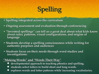 Spelling
• Spelling integrated across the curriculum
• Ongoing assessment and evaluation through conferencing
• “Invented spellings” can tell us a great deal about what kids know
   about rules, patterns, visual configurations, and origins of
   language
• Students develop a spelling consciousness while writing for
   authentic purposes and audiences
• Students focus on their needs through word studies and
   investigations:
“Making Words” and “Words Their Way”
     developmental approach to teaching phonics and spelling.
     students select letters to build short and long words.
     explores words and letter patterns while increasing vocabularies.
 
