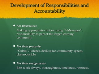 Development of Responsibilities and
         Accountability

  For themselves
   Making appropriate choices, using “I-Messages”,
   responsibility as part of the larger learning
   community

  For their property
   “Cubes”, lunches, desk space, community spaces,
   classroom jobs

  For their assignments
   Best work always, thoroughness, timeliness, neatness.
 