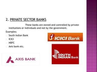 2. PRIVATE SECTOR BANKS
These banks are owned and controlled by private
institutions or individuals and not by the government.
Examples:
South Indian Bank
ICICI
HDFC
Axis bank etc.
 