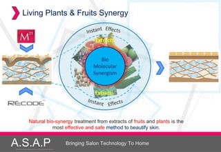 Living Plants & Fruits Synergy


                                                                 Extracts


                                                                   Bio
                                                                Molecular
                                                                Synergism


                                                                 Extracts




                 Natural bio-synergy treatment from extracts of fruits and plants is the
                            most effective and safe method to beautify skin.


A.S.A.P
Accelerated Skin Augmentation and Perfection System
                                                      Bringing Salon Technology To Home
 