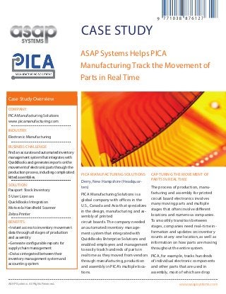 www.asapsystems.comASAP Systems. All Rights Reserved.
case study
ASAP Systems Helps PICA
Manufacturing Track the Movement of
Parts in Real Time
PICA MANUFACTURING SOLUTIONS
Derry, New Hampshire (Headquar-
ters)
PICA Manufacturing Solutions is a
global company with offices in the
U.S., Canada and Asia that specializes
in the design, manufacturing and as-
sembly of printed
circuit boards. The company needed
an automated inventory manage-
ment system that integrated with
QuickBooks Enterprise Solutions and
enabled employees and management
to easily track hundreds of parts in
real time as they moved from vendors
through manufacturing, production
and assembly in PICA’s multiple loca-
tions.
Capturing the Movement of
Parts in Real Time
The process of production, manu-
facturing and assembly for printed
circuit board electronics involves
many moving parts and multiple
stages that often involve different
locations and numerous companies.
To smoothly transition between
stages, companies need real–time in-
formation and updates on inventory
counts at any one location, as well as
information on how parts are moving
throughout the entire system.
PICA, for example, tracks hundreds
of individual electronic components
and other parts that are used in
assembly, most of which are drop
Company:
PICA Manufacturing Solutions
www.picamanufacturing.com
Industry:
Electronic Manufacturing
Business Challenge:
Findanaccurateandautomatedinventory
managementsystemthatintegrateswith
QuickBooksandgeneratesreportsonthe
movementofelectronicpartsthroughthe
productionprocess,includingcomplicated
kittedassemblies.
Solution:
Passport Stock Inventory
5 User Licenses
QuickBooks Integration
Motorola Handheld Scanner
Zebra Printer
Benefits:
• Instant access to inventory movement
data through all stages of production
and assembly
• Generate configurable reports for
supply chain management
• Data is integrated between their
inventory management system and
accounting system
Case Study Overview
 