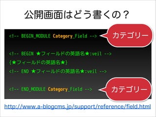 公開画面はどう書くの？
 <!-- BEGIN_MODULE Category_Field -->   カテゴリー

 <!-- BEGIN ★フィールドの英語名★:veil -->
 {★フィールドの英語名★}
 <!-- END ★フィールドの英語名★:veil -->


 <!-- END_MODULE Category_Field -->     カテゴリー

http://www.a-blogcms.jp/support/reference/ﬁeld.html
 