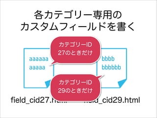 各カテゴリー専用の
  カスタムフィールドを書く
             カテゴリーID
             27のときだけ
    aaaaaa             bbbb
    aaaaa              bbbbbb

             カテゴリーID
             29のときだけ
ﬁeld_cid27.html   ﬁeld_cid29.html
 